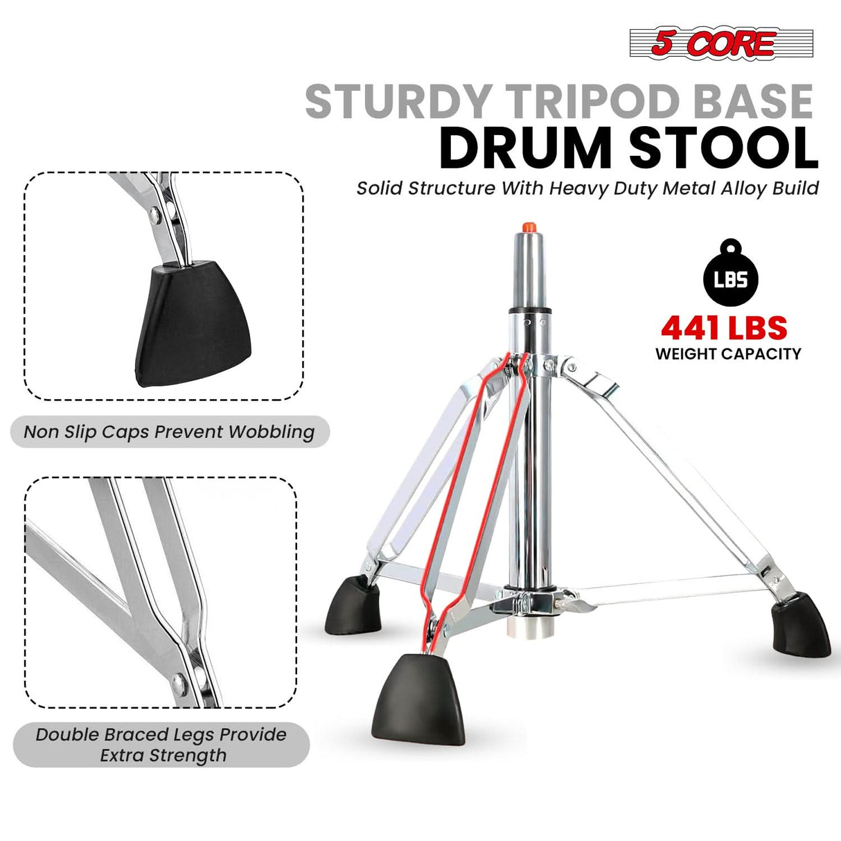 5 Core Drum Throne w Backrest 4" Padded Stool Airlift 25" Adjustable Drummer Stool 441Lb Capacity