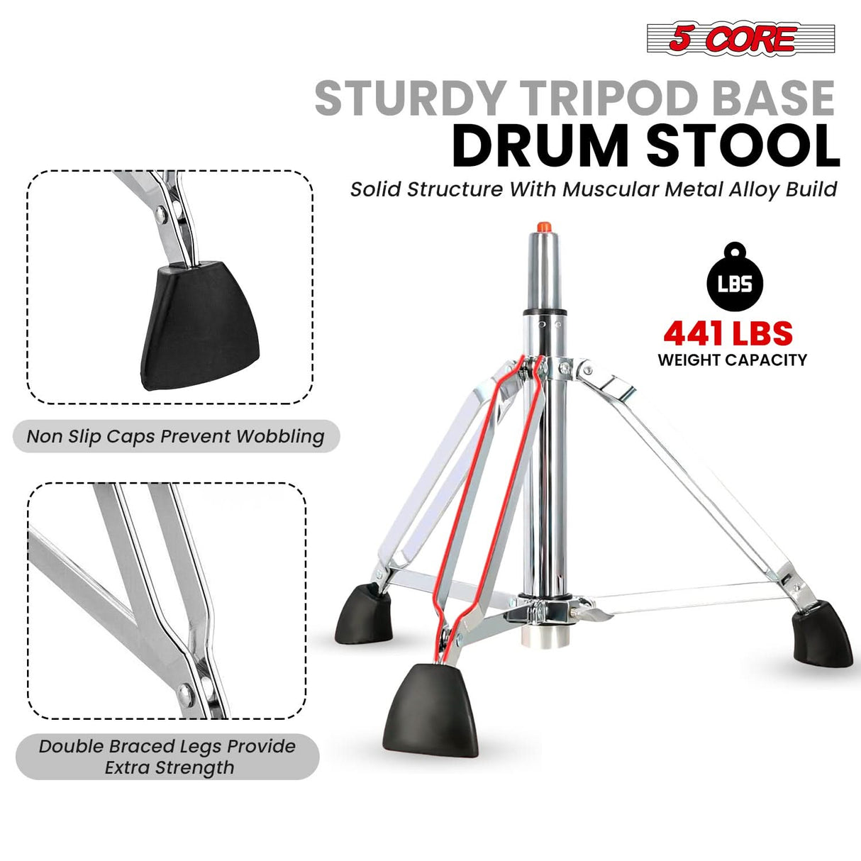 5 Core Drum Throne w Backrest 4" Padded Stool Airlift 25" Adjustable Drummer Stool 441Lb Capacity