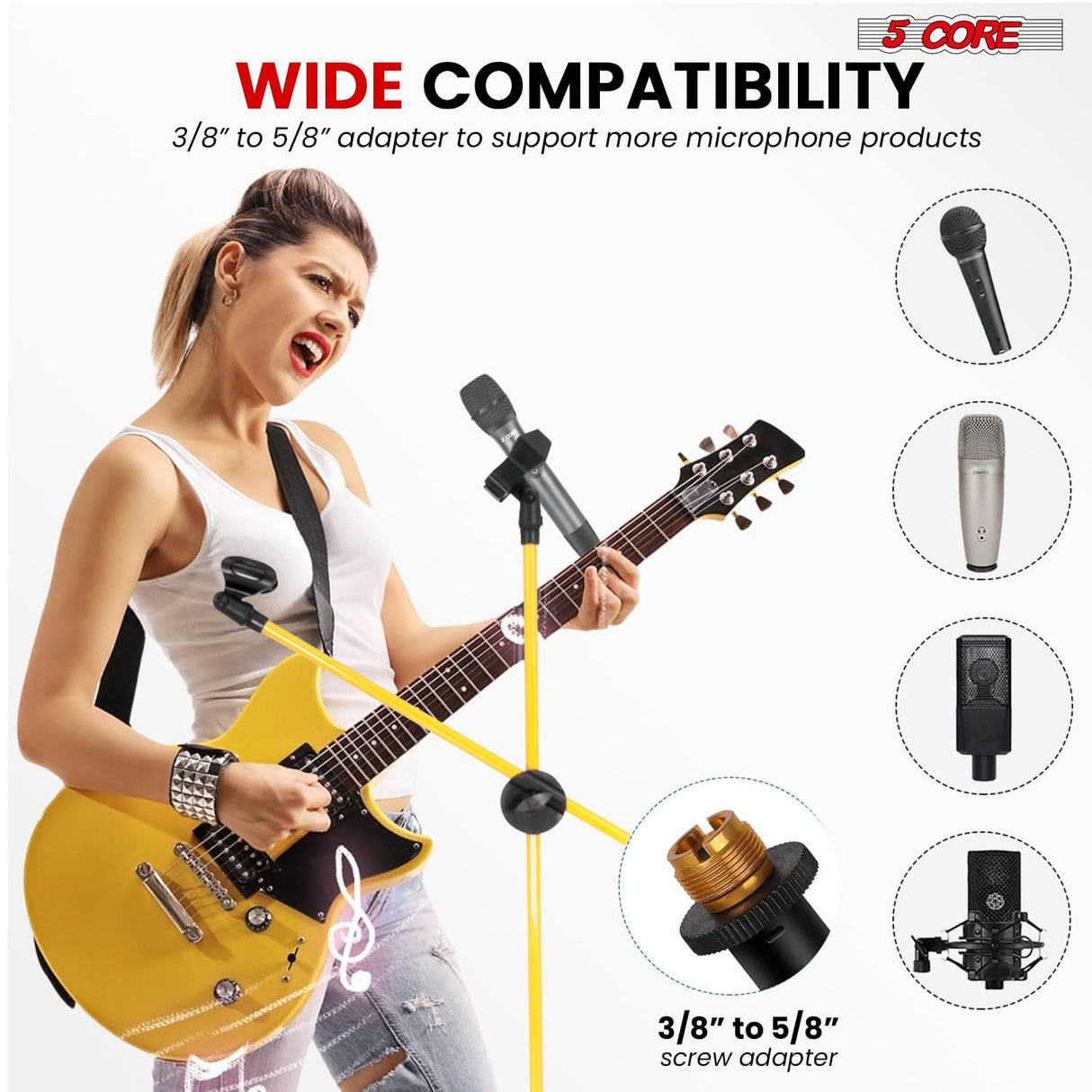 5 Core Microphone Stand Floor 2 Mic Clips Universal Height Adjustable Tripod Mic Stands w Boom Arm