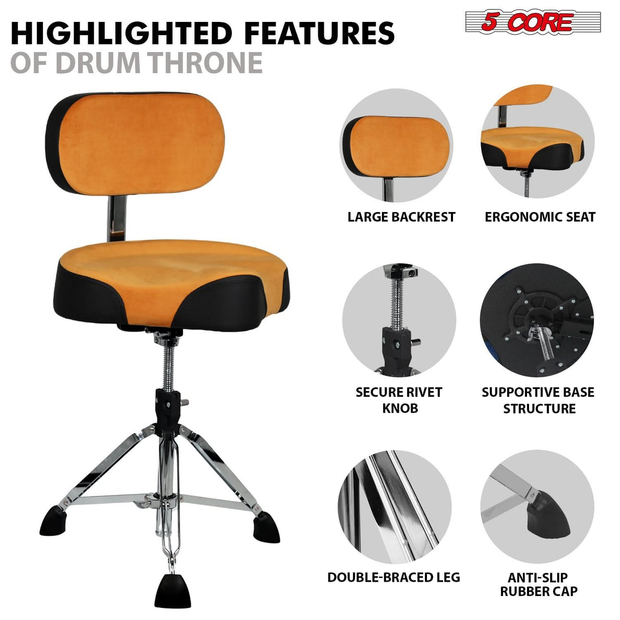 5 Core Drum Throne w Backrest 4" Padded Adjustable 26.5" Drummer Stool w Velvet Top 441Lb Capacity