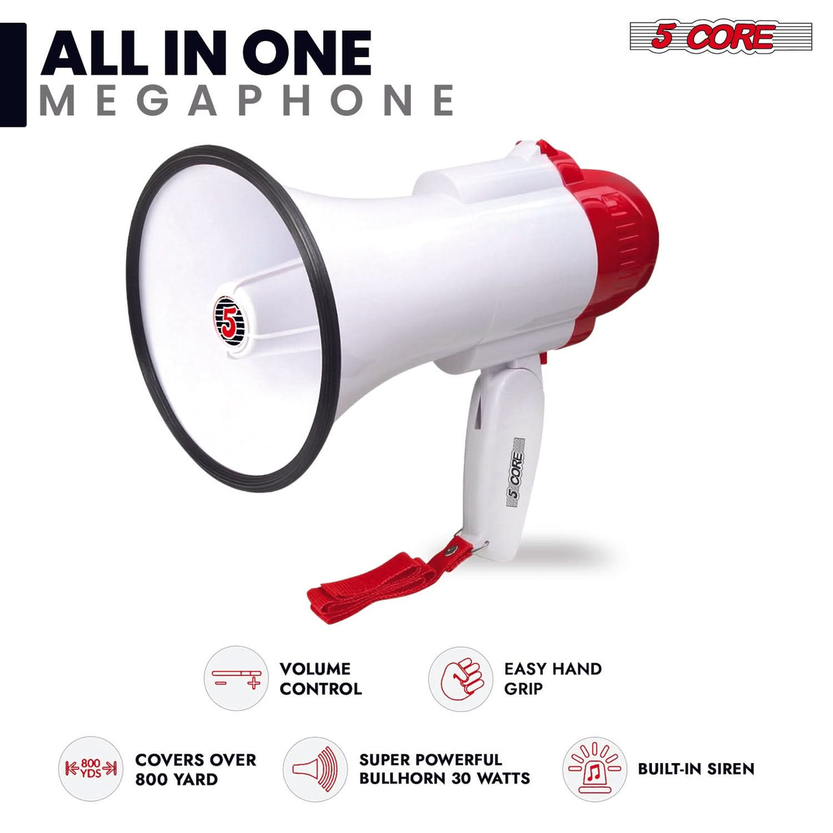 5 Core Megaphone 30W Bull Horn PA Speaker w 800 Yards Range Loud Siren Voice Amp