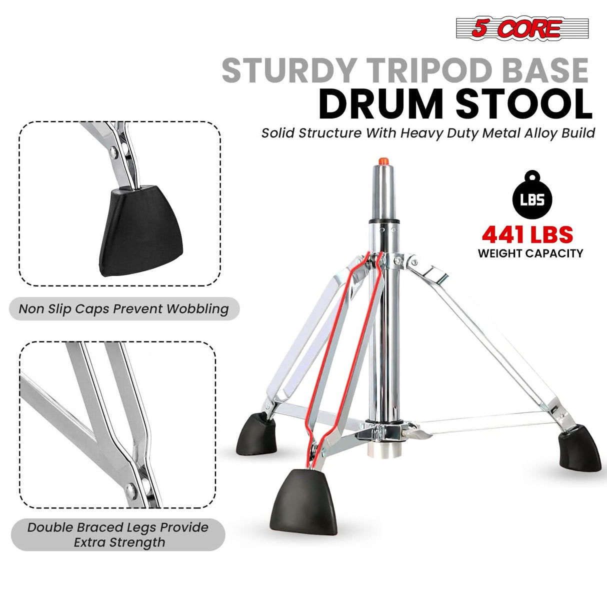 5 Core Drum Throne w Backrest 4" Padded Stool Airlift 25" Adjustable Drummer Stool 441Lb Capacity