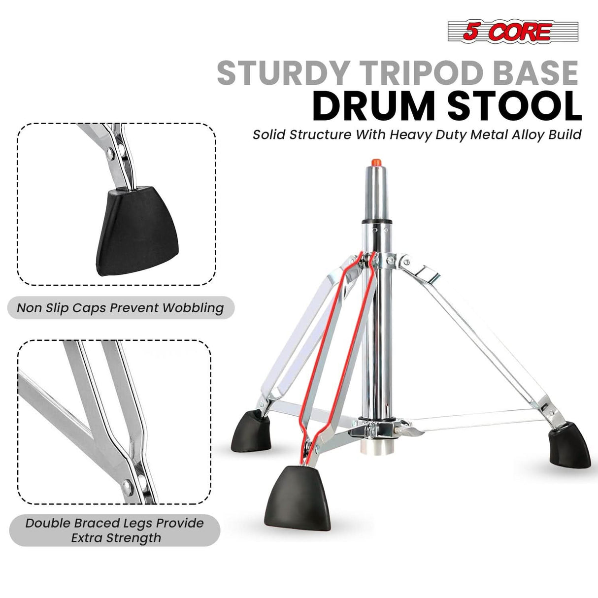 5 Core Drum Throne w Backrest 4" Padded Stool Airlift 25" Adjustable Drummer Stool 441Lb Capacity