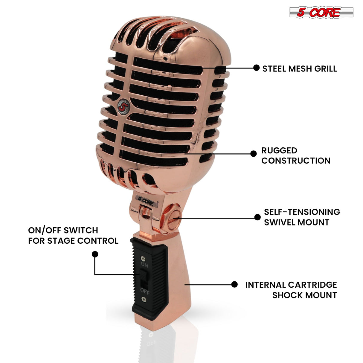 5 Core Retro Dynamic Vocal Iconic Microphone Vintage Style Classic Cardioid Unidirectional Mic