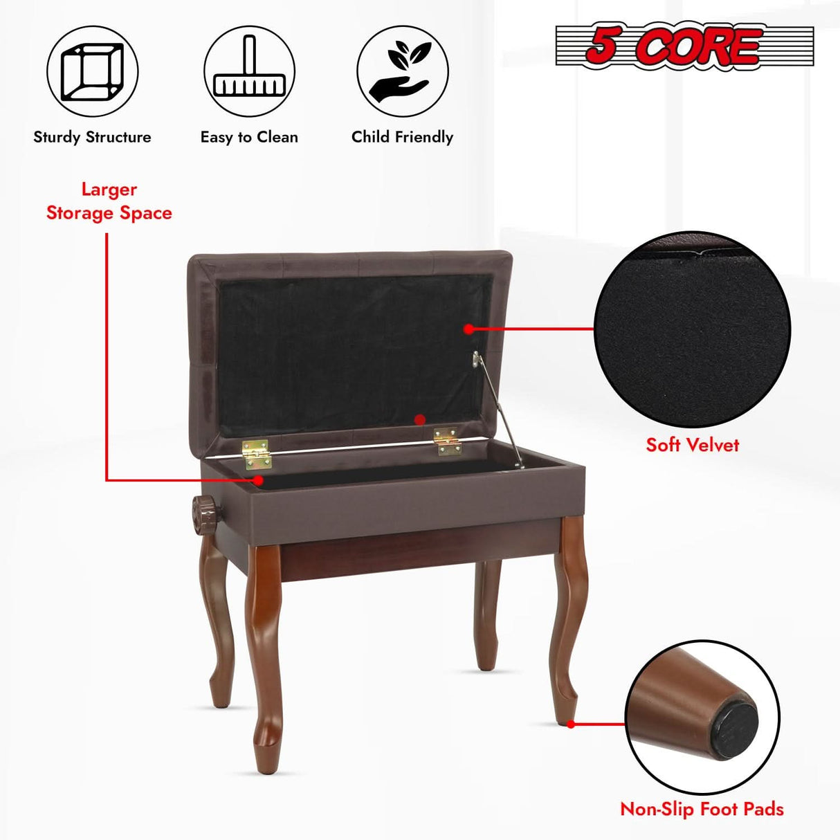 5 Core Piano Bench 3" Padded Cushioned Stool Wooden Heavy Duty Adjustable Musician Chair w Storage