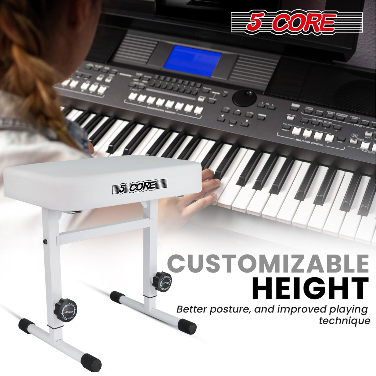 5 Core Keyboard Bench 3" Padded Cushioned Piano Stool Height Adjustable Guitar Seat Folding Portable