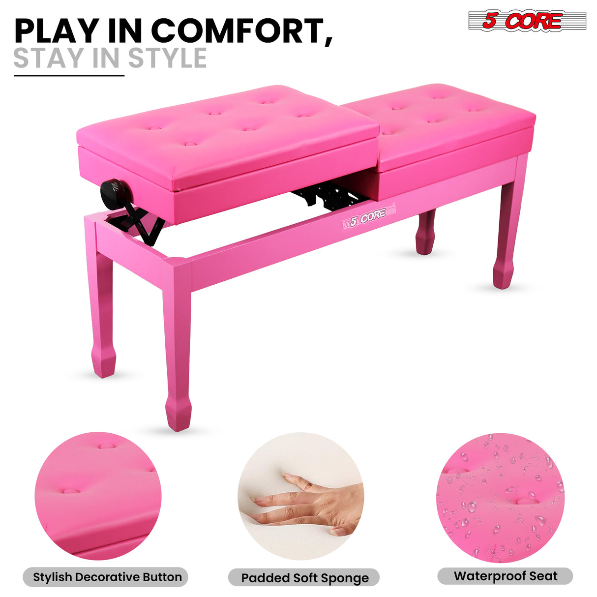 5 Core Duet Piano Bench 3.5 Inch Padded Cushioned Stool Wooden Heavy Duty Musician Chair w Storage