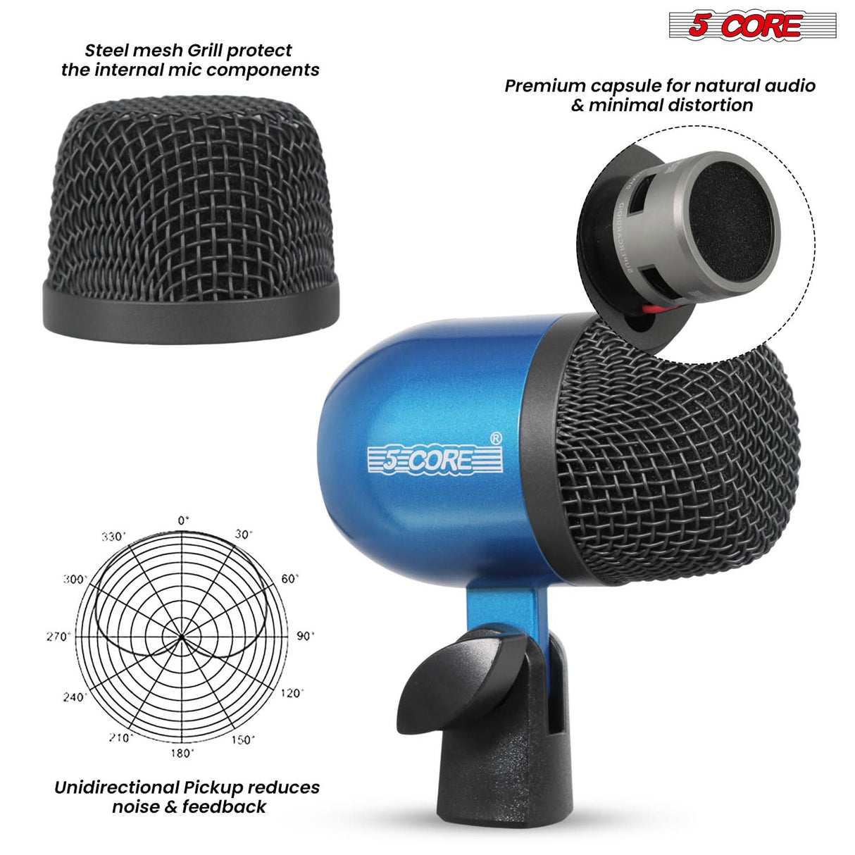 5 Core Drum Microphone Kit 7Pc All Metal Drummer Mics Tom/Snare & Cymbals Wired Instrument Drums Set