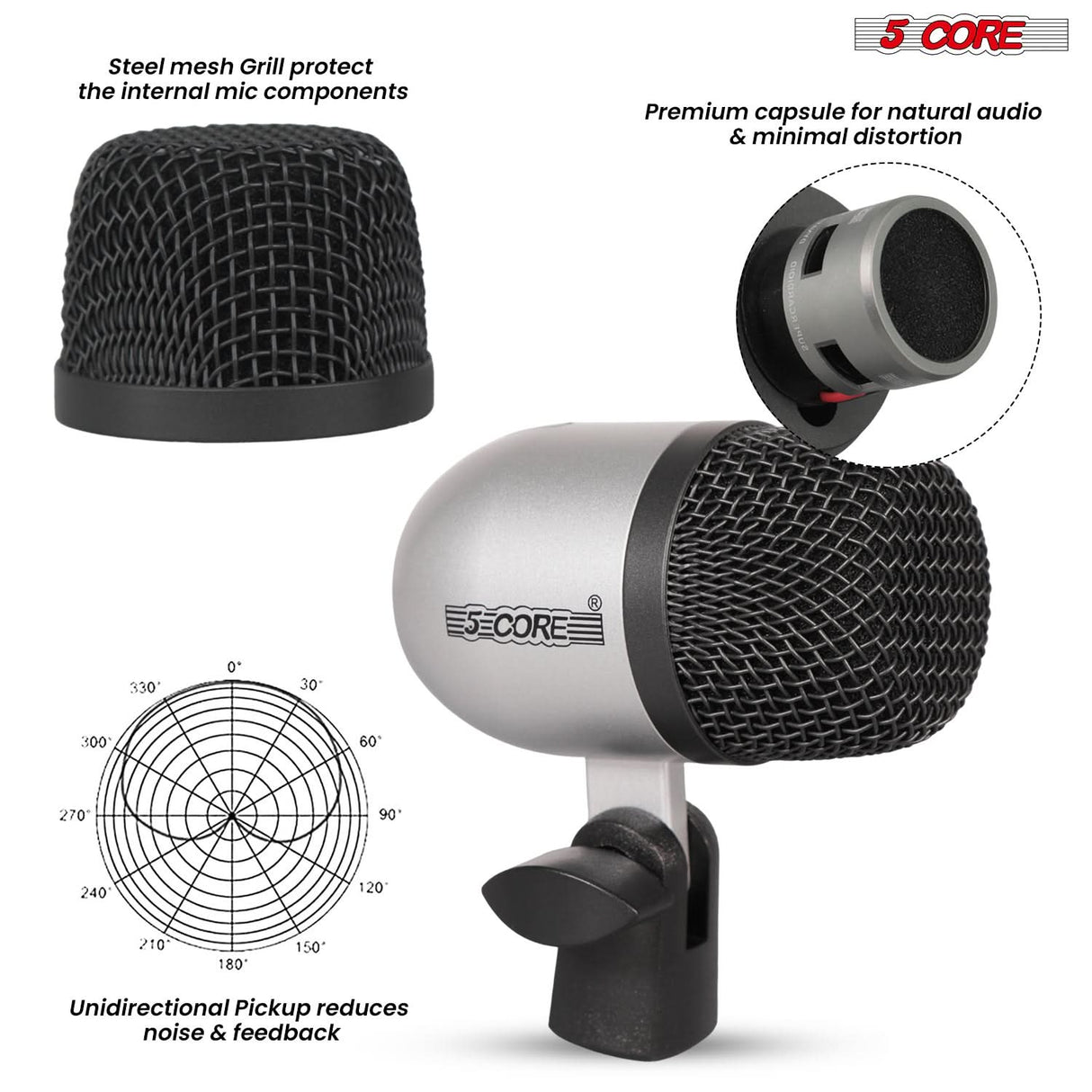 5 Core Drum Microphone Kit 7Pc All Metal Drummer Mics Tom/Snare & Cymbals Wired Instrument Drums Set