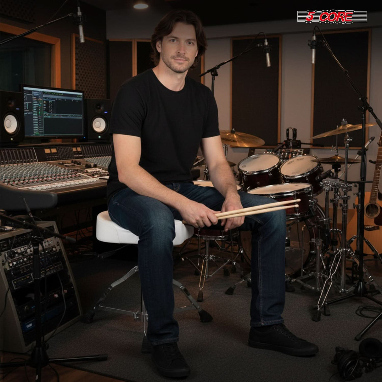 5 Core Drum Throne w Backrest 4" Padded Stool Adjustable 24.5" Drummer Chair w 441Lb Capacity