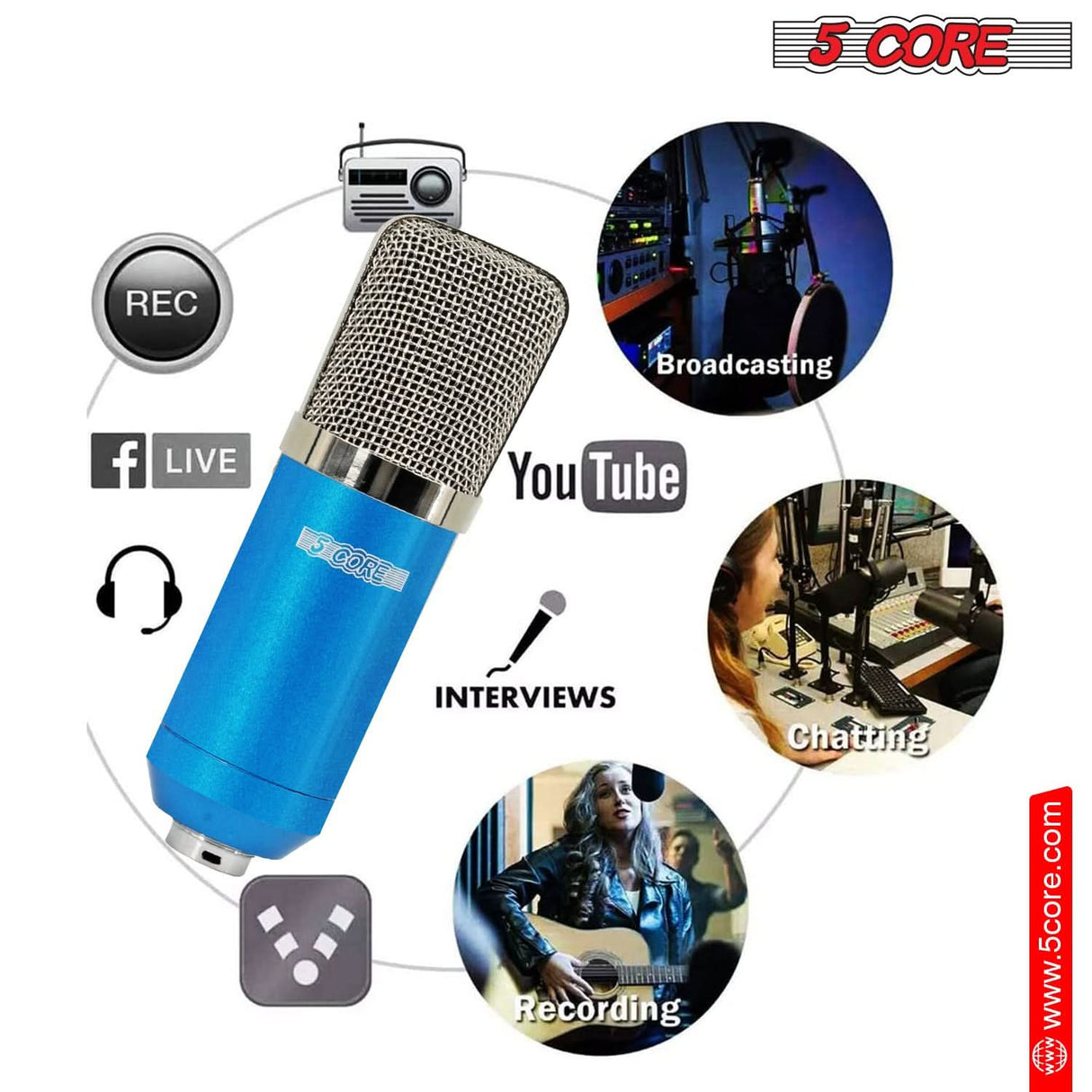 5Core recording microphone kit for podcasting with condenser cardioid mic and desk stand in blue