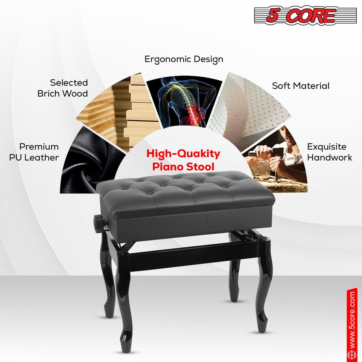 5 Core Piano Bench 3" Padded Cushioned Stool Wooden Heavy Duty Adjustable Musician Chair w Storage