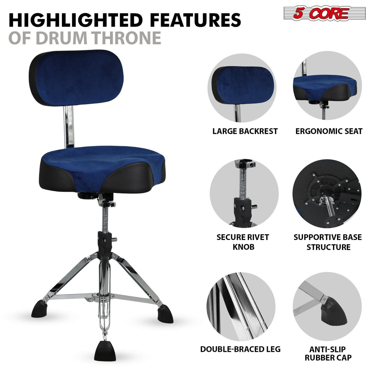 5 Core Drum Throne w Backrest 4" Padded Adjustable 26.5" Drummer Stool w Velvet Top 441Lb Capacity