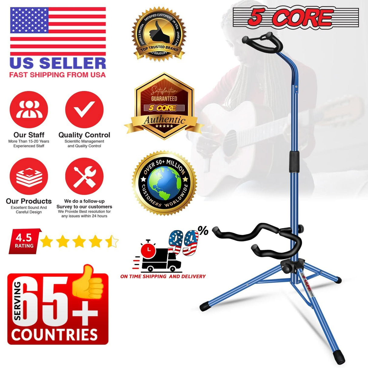 5Core Guitar Stand Pair Floor Folding Holder Soporte Para Guitarra for Acoustic Electric Bass
