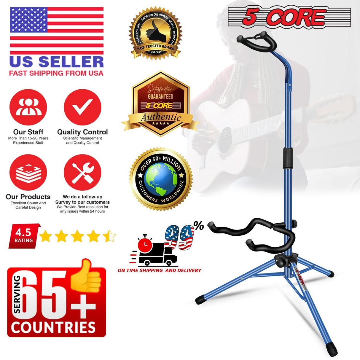 5Core Guitar Stand Pair Floor Folding Holder Soporte Para Guitarra for Acoustic Electric Bass