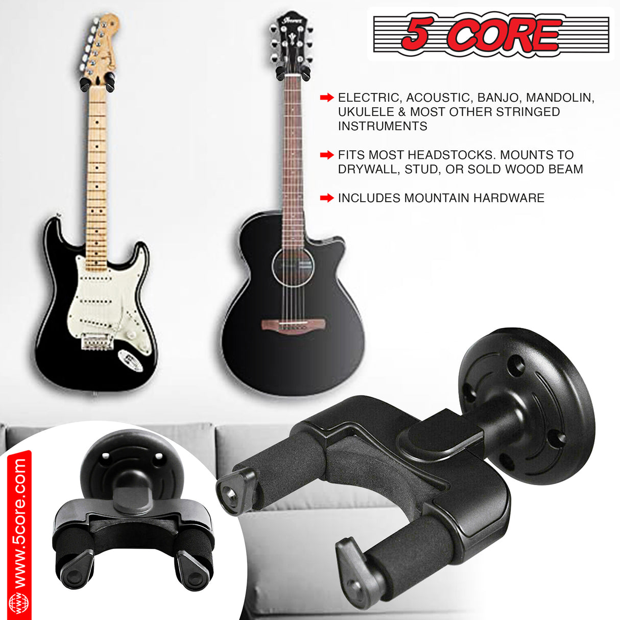 5Core Guitar Wall Mount Hanger Hook Metal Base Soft Padding Adjustable Rotatable Holder
