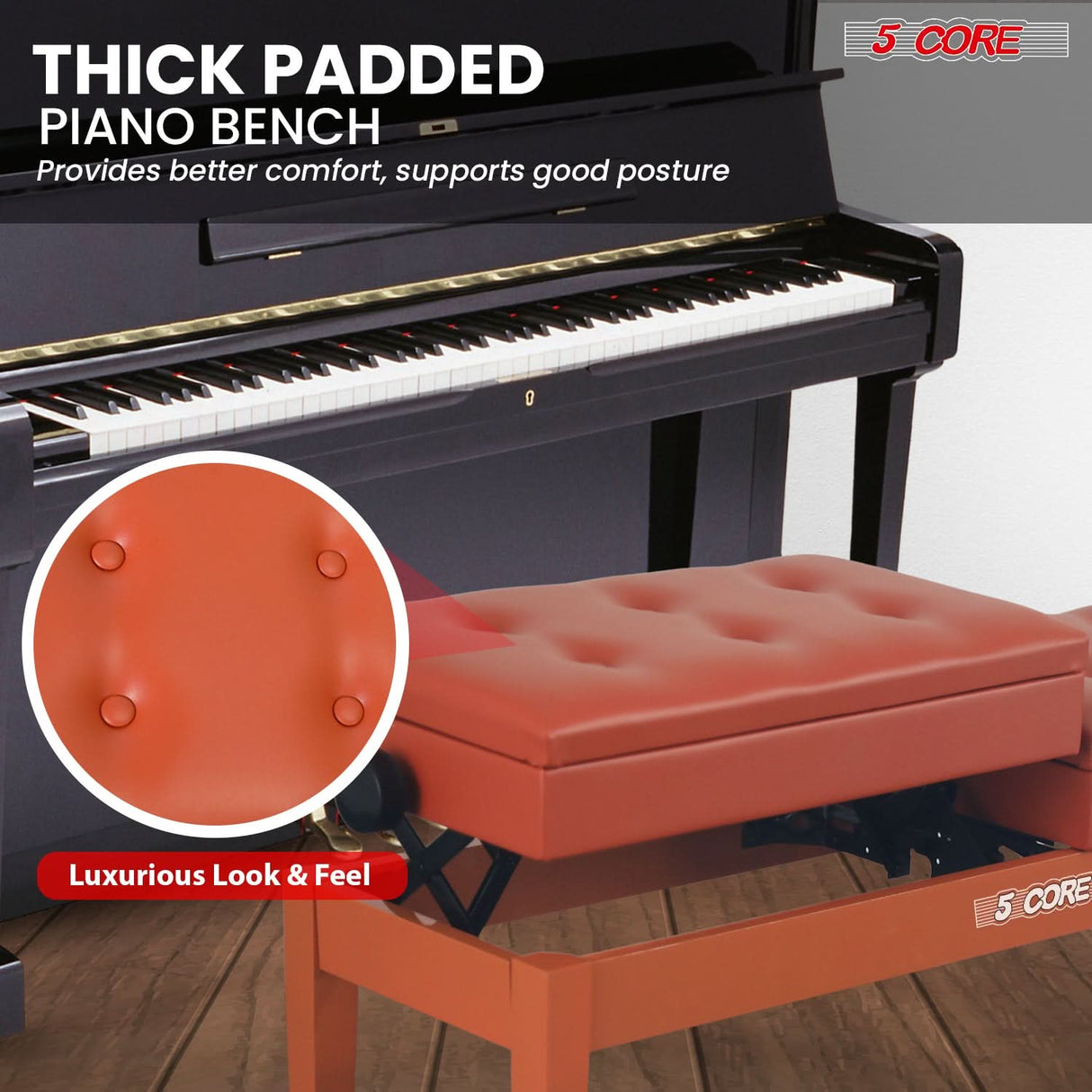 5 Core Duet Piano Bench 3.5 Inch Padded Cushioned Stool Wooden Heavy Duty Musician Chair w Storage