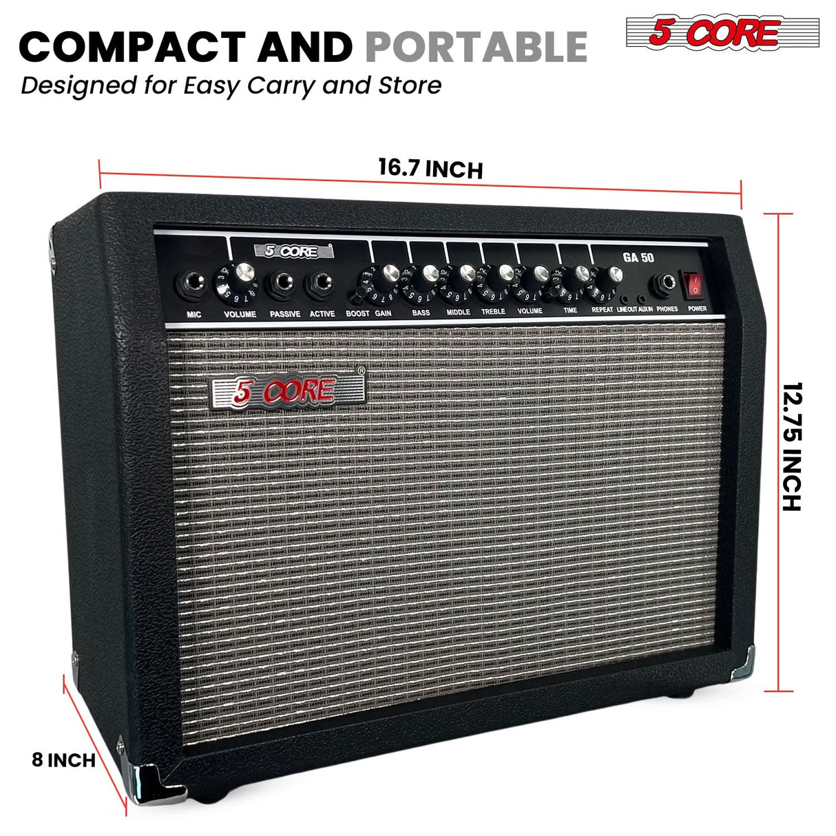 5 Core Guitar Amp 50 Watt Electric Amplifier w Built in 8" Speaker Portable Mini Amps w Aux