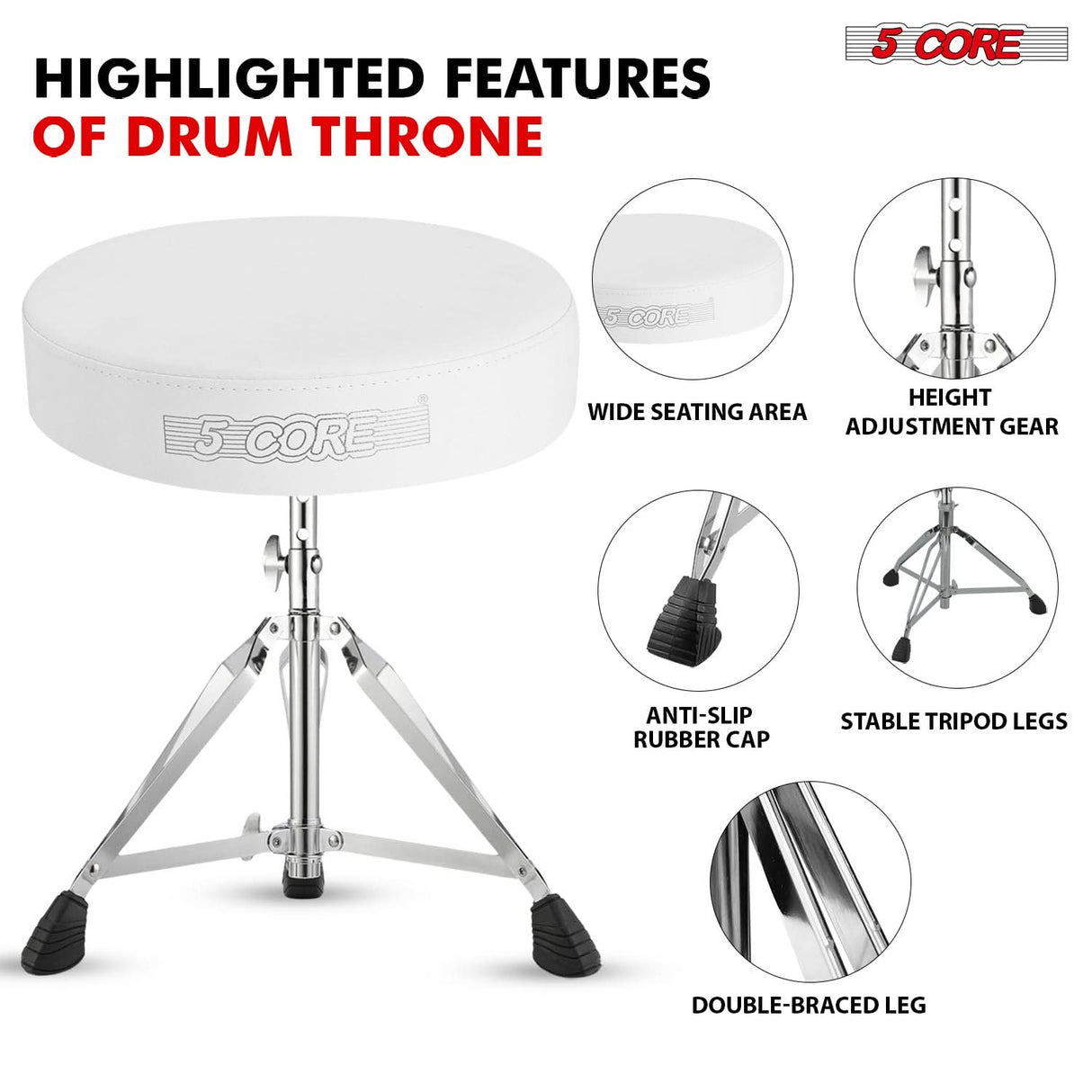 5Core Drum Throne Padded Adjustable Guitar Stool Drummer Seat for Adults & Kids WHITE