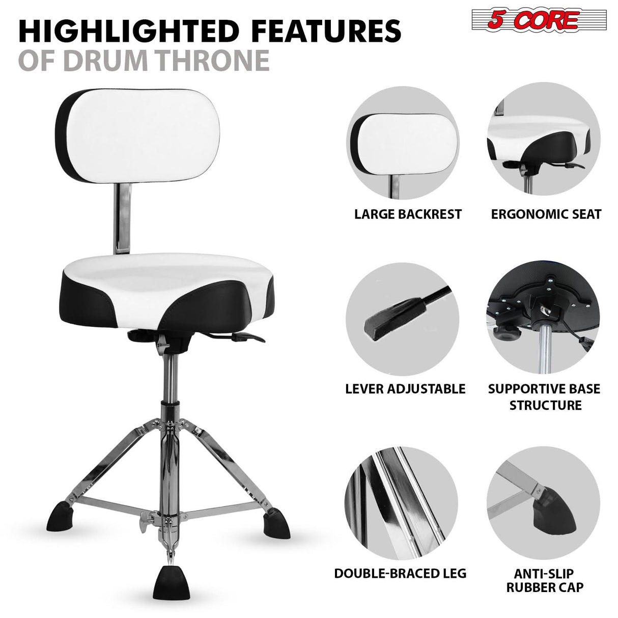 5 Core Drum Throne w Backrest 4" Padded Stool Airlift 25" Adjustable Drummer Stool 441Lb Capacity