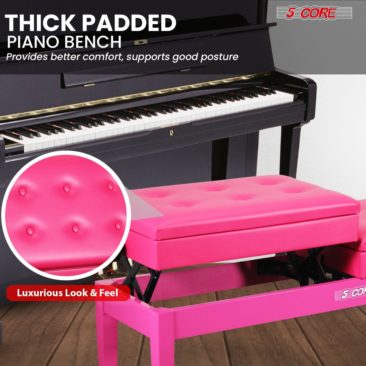 5 Core Duet Piano Bench 3.5 Inch Padded Cushioned Stool Wooden Heavy Duty Musician Chair w Storage