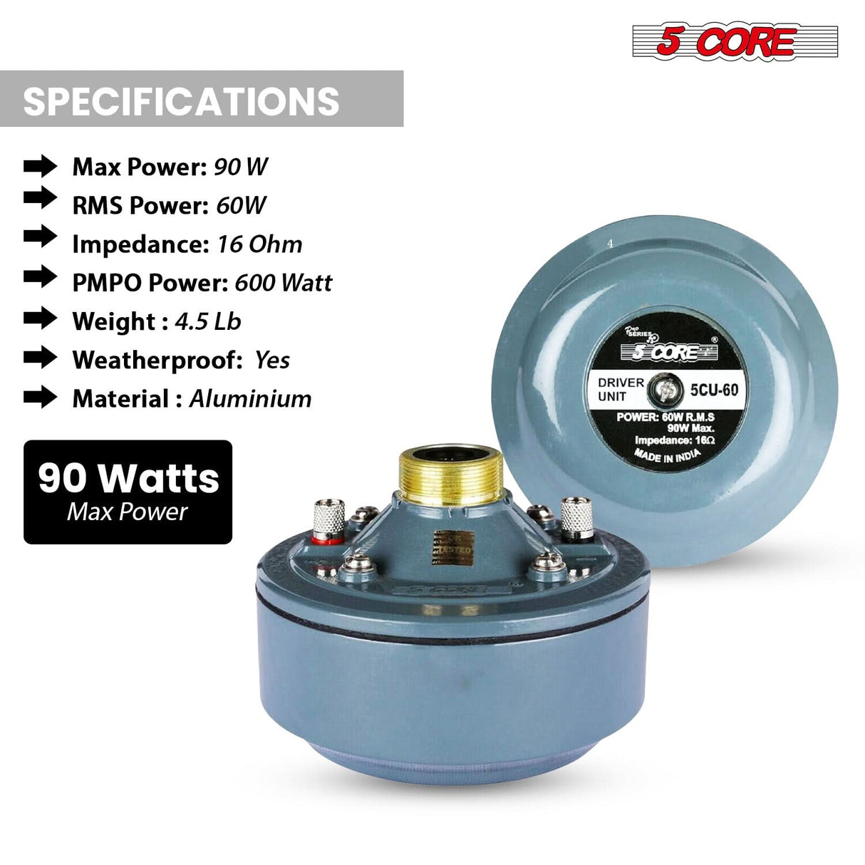 5 Core Compression Driver 2" Horn Tweeter 600W Titanium Diaphragm 16 Ohms 18 TPI All Weather Use