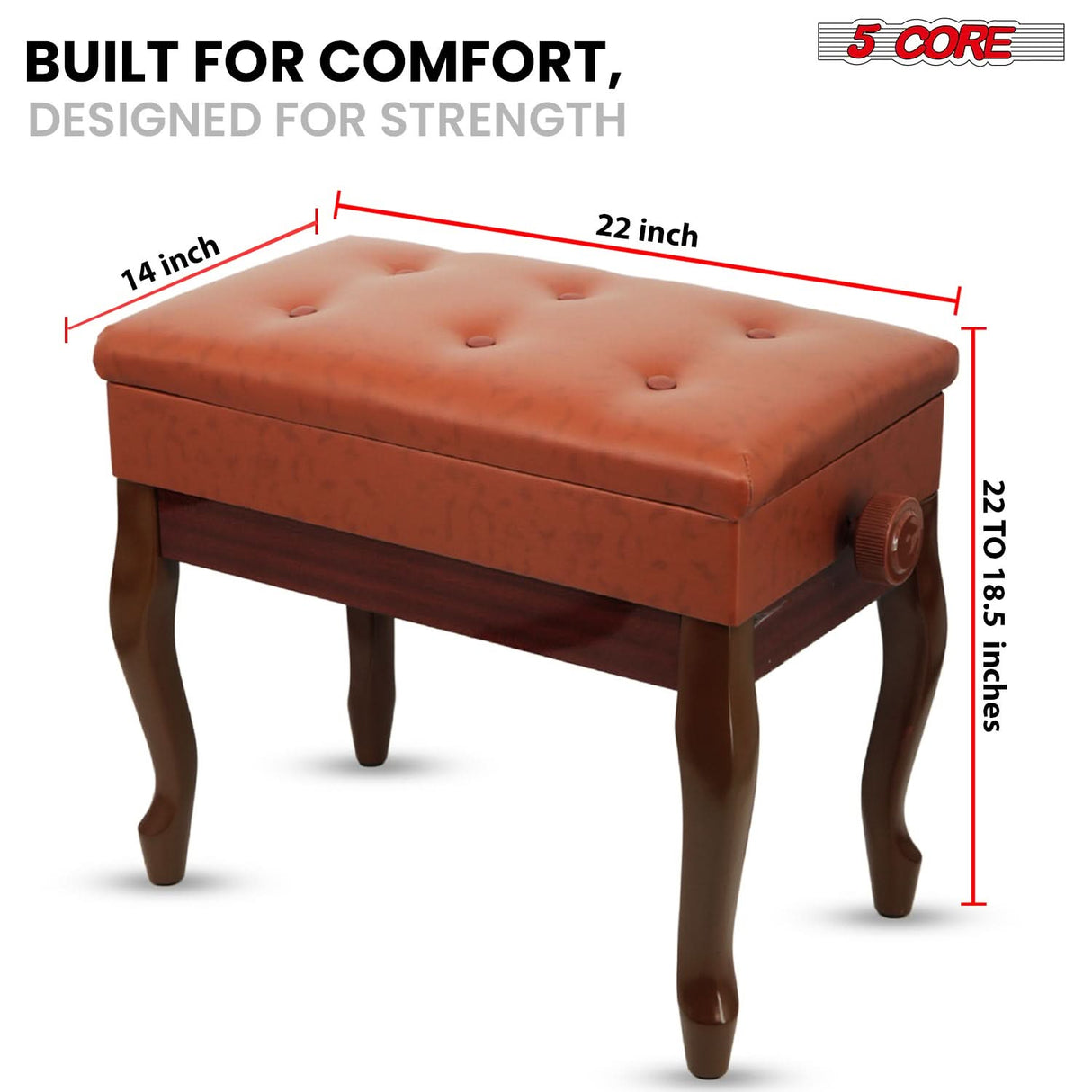 5 Core Piano Bench 3" Padded Cushioned Stool Wooden Heavy Duty Adjustable Musician Chair w Storage