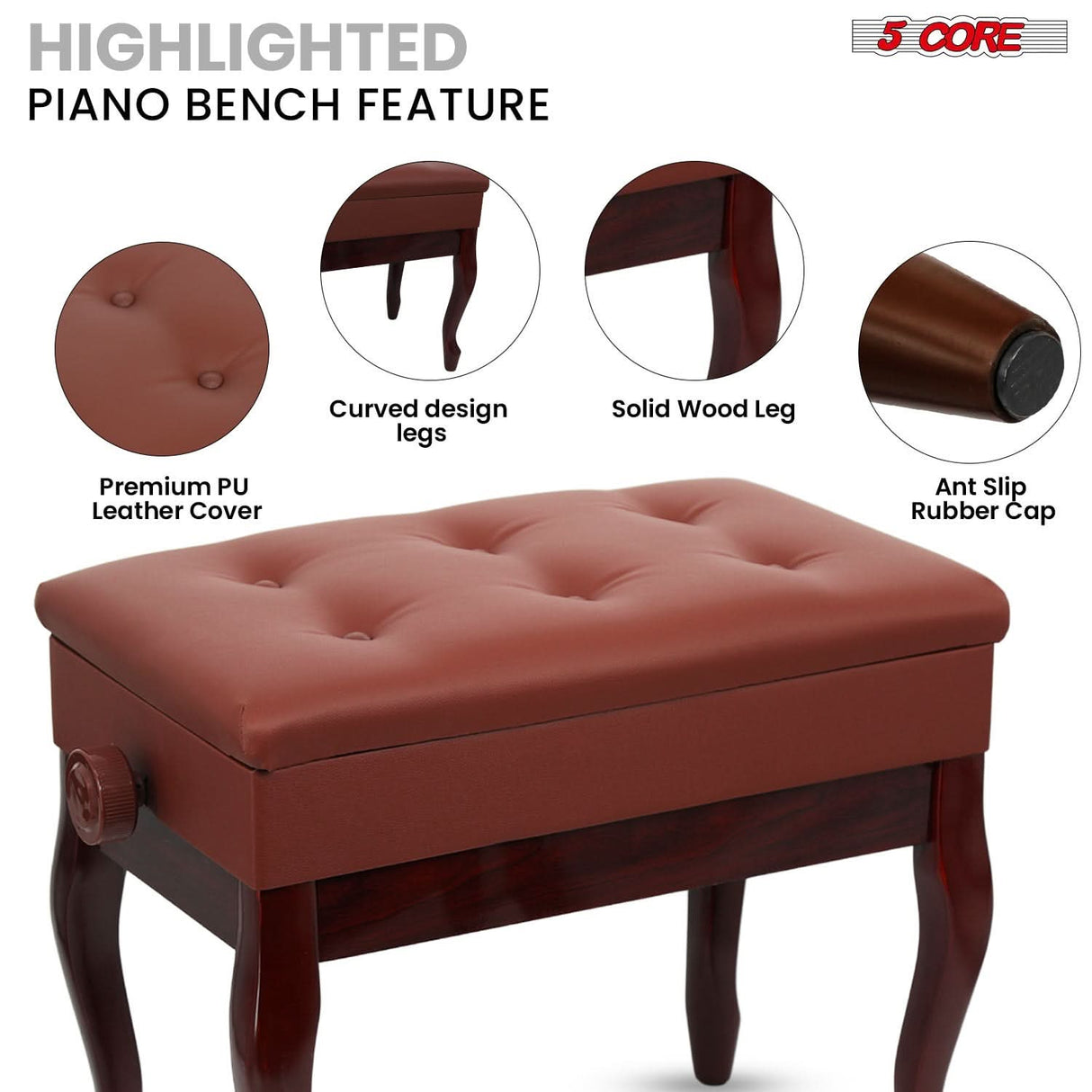 5 Core Piano Bench 3" Padded Cushioned Stool Wooden Heavy Duty Adjustable Musician Chair w Storage