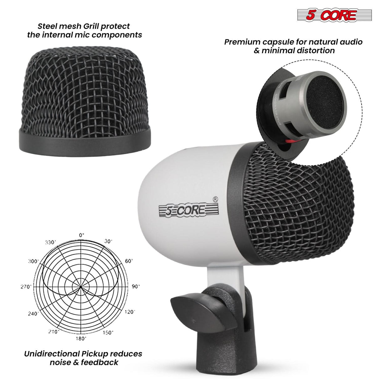 5 Core Drum Microphone Kit 7Pc All Metal Drummer Mics Tom/Snare & Cymbals Wired Instrument Drums Set