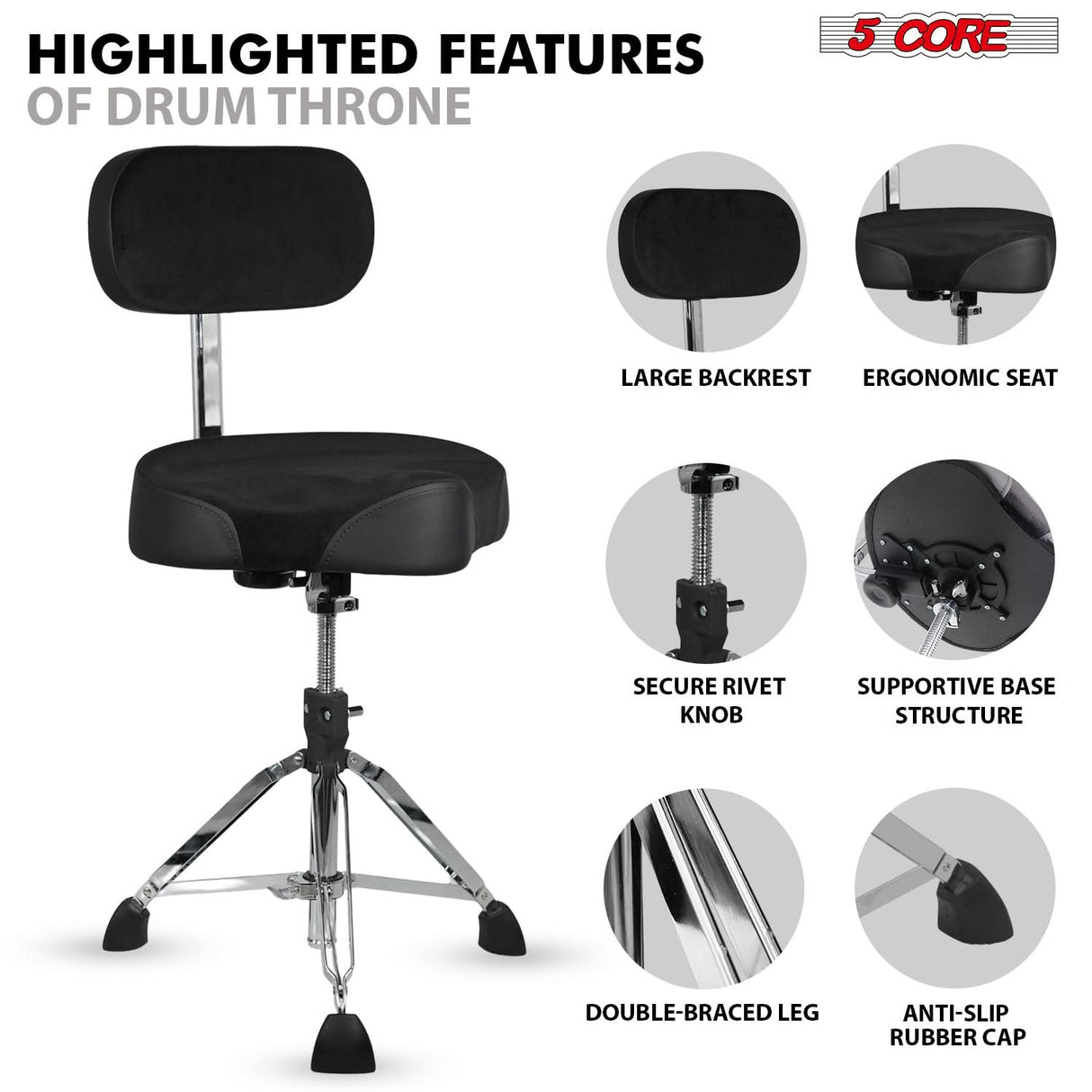 5 Core Drum Throne w Backrest 4" Padded Adjustable 26.5" Drummer Chair w Velvet Top 441Lb Capacity