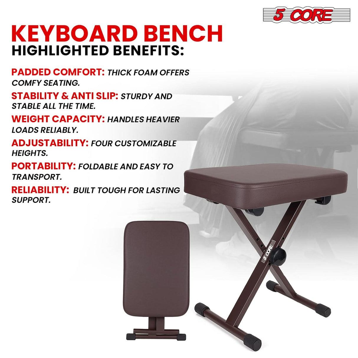 5 Core keyboard bench adjustable legs detail view