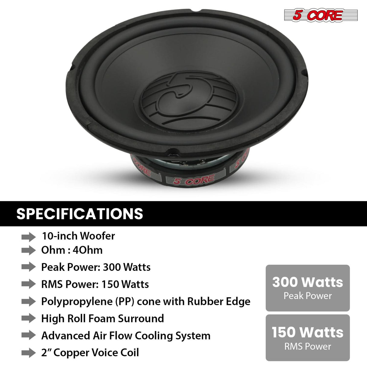 5 Core 10 Inch Woofer 300W Car Subwoofer 4Ohm Replacement Deep Sub w Poly Cone