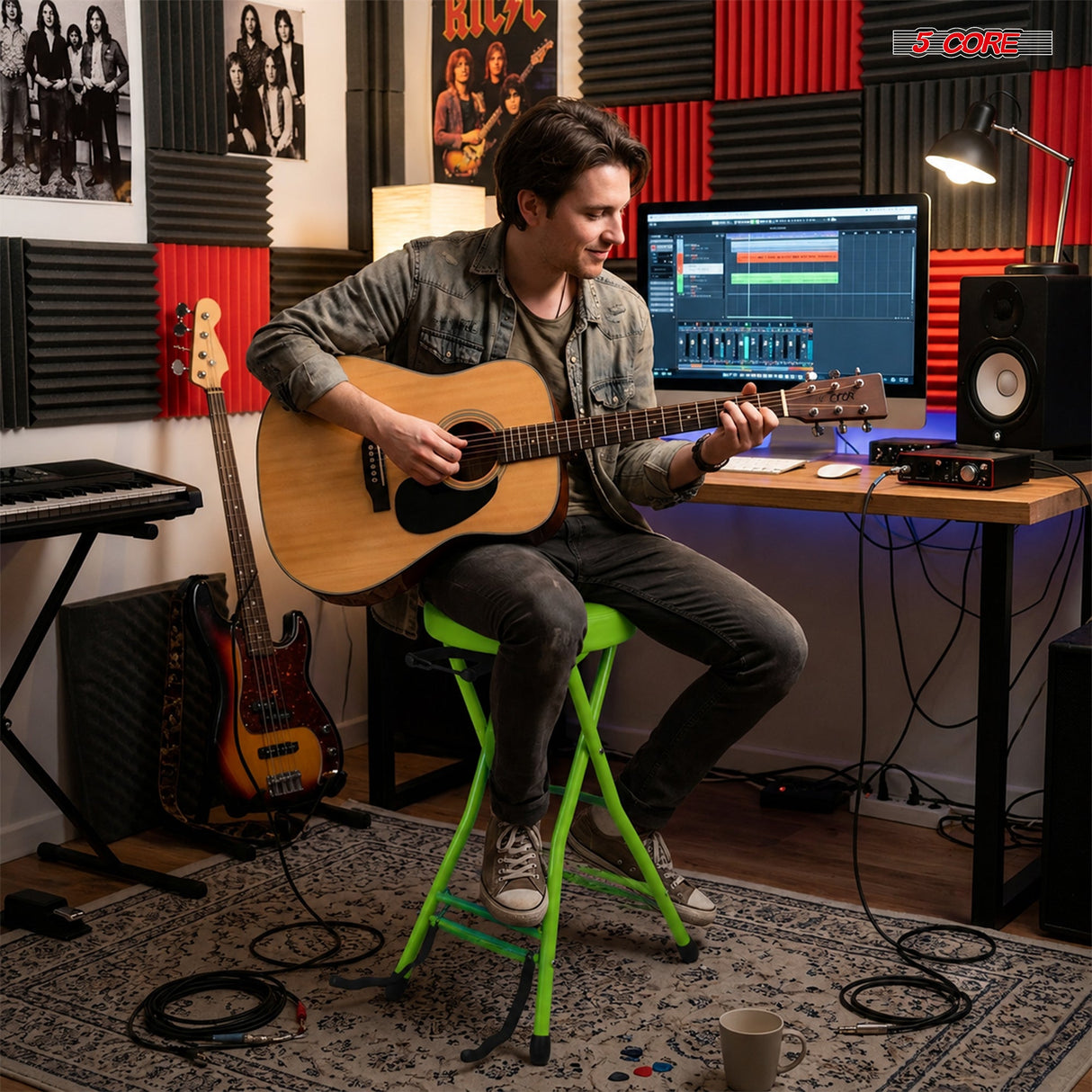 5Core Guitar Stool 3.15" Padded Chair w Backrest Foldable Music Seat Built in Foot Rest Guitar Stand