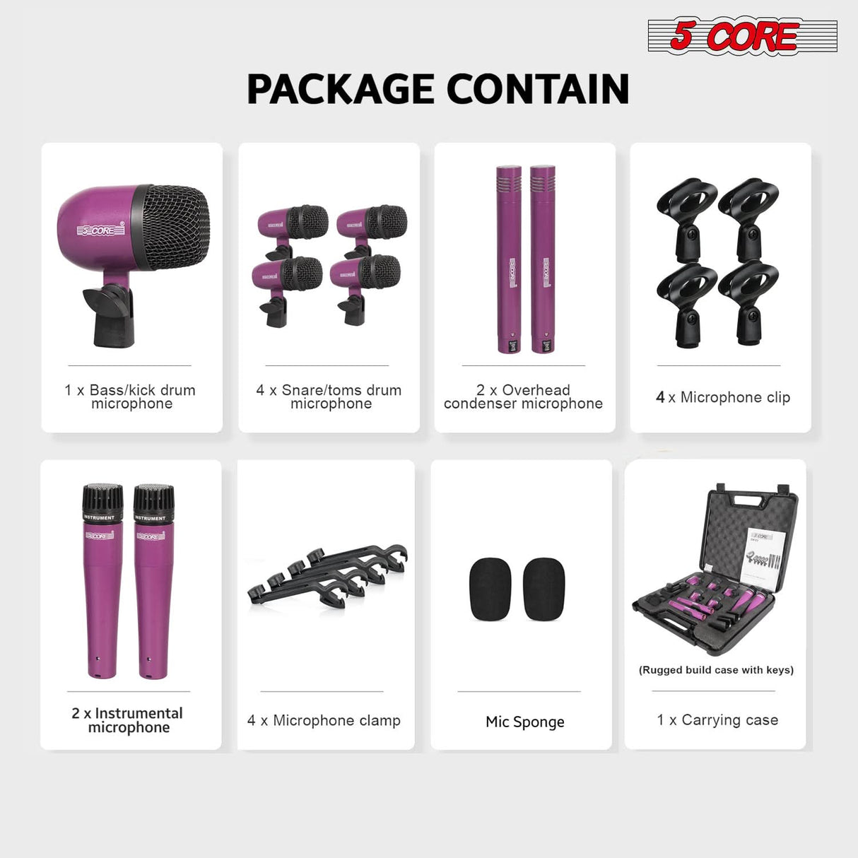 5 Core Drum Microphone Kit 9Pc All Metal Drummer Mics Tom/Snare & Cymbals Wired Instrument Drums Set