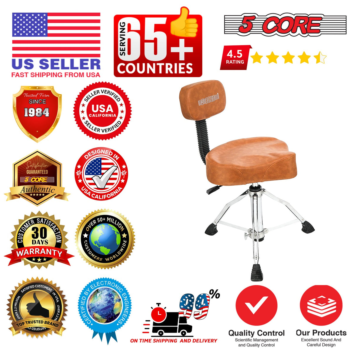 5Core Drum Throne 4" Cushion Padded Stool w Backrest Airlift Height Adjustable Chair w 441Lb Capcity