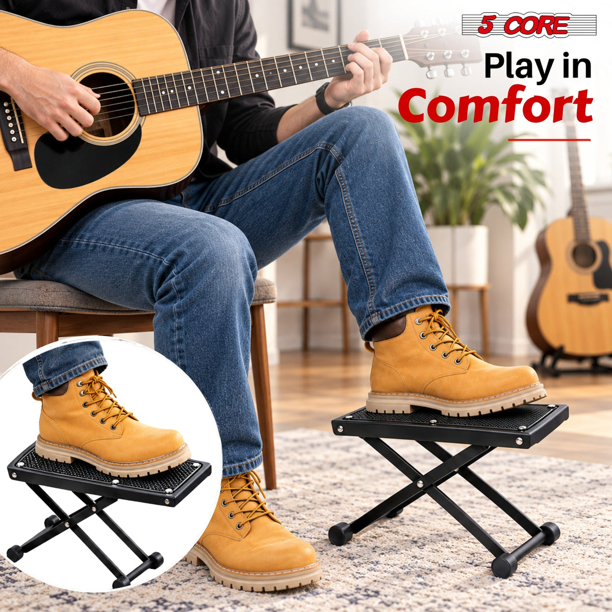 5Core Guitar Foot Stool Height Adjustable Folding Leg Rest Classical Footrest