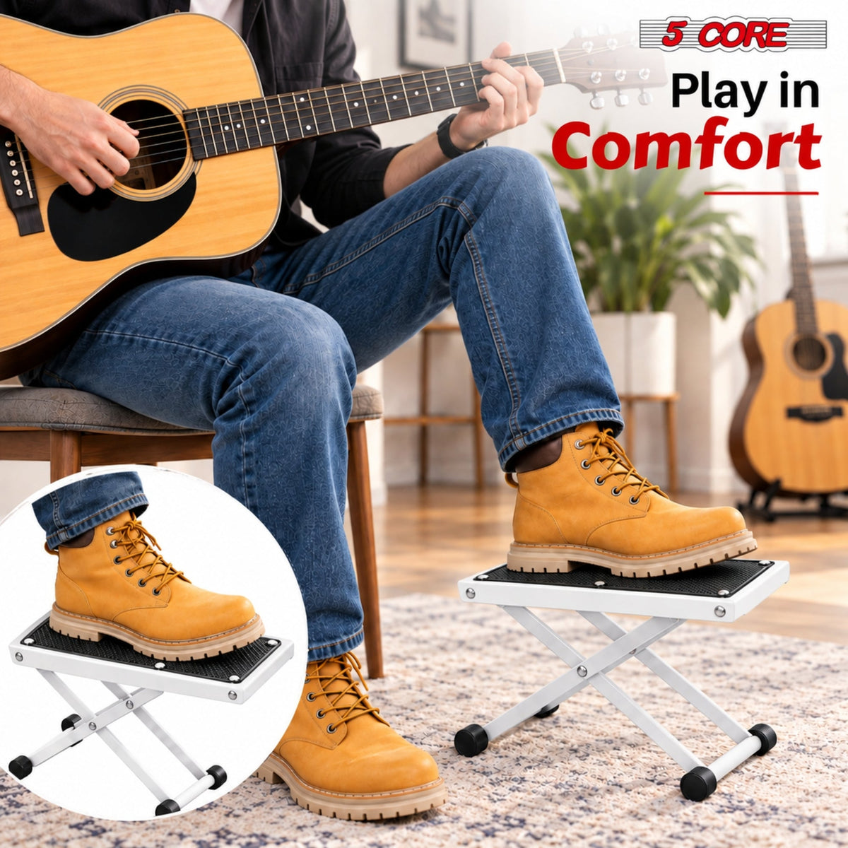 5 Core Guitar Foot Stool Metal 6-Level Adjustable Folding Leg Rest White