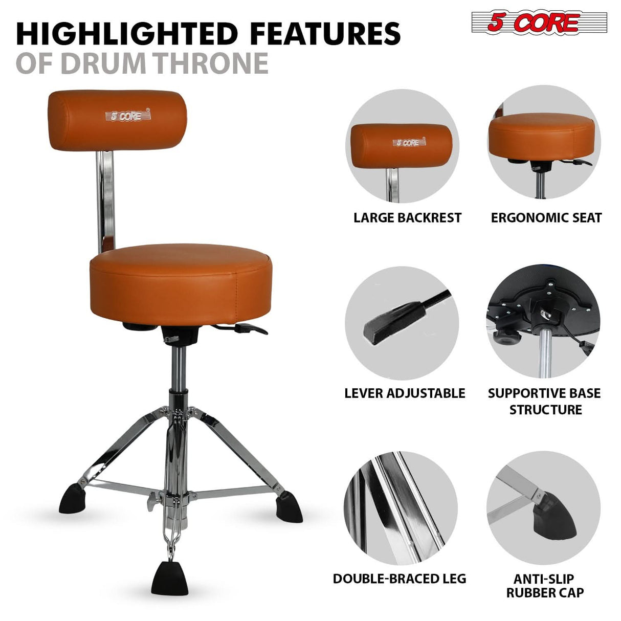 5 Core Drum Throne w Backrest 4" Padded Stool Airlift Adjustable 25.5" Drummer Chair 441Lb Capacity