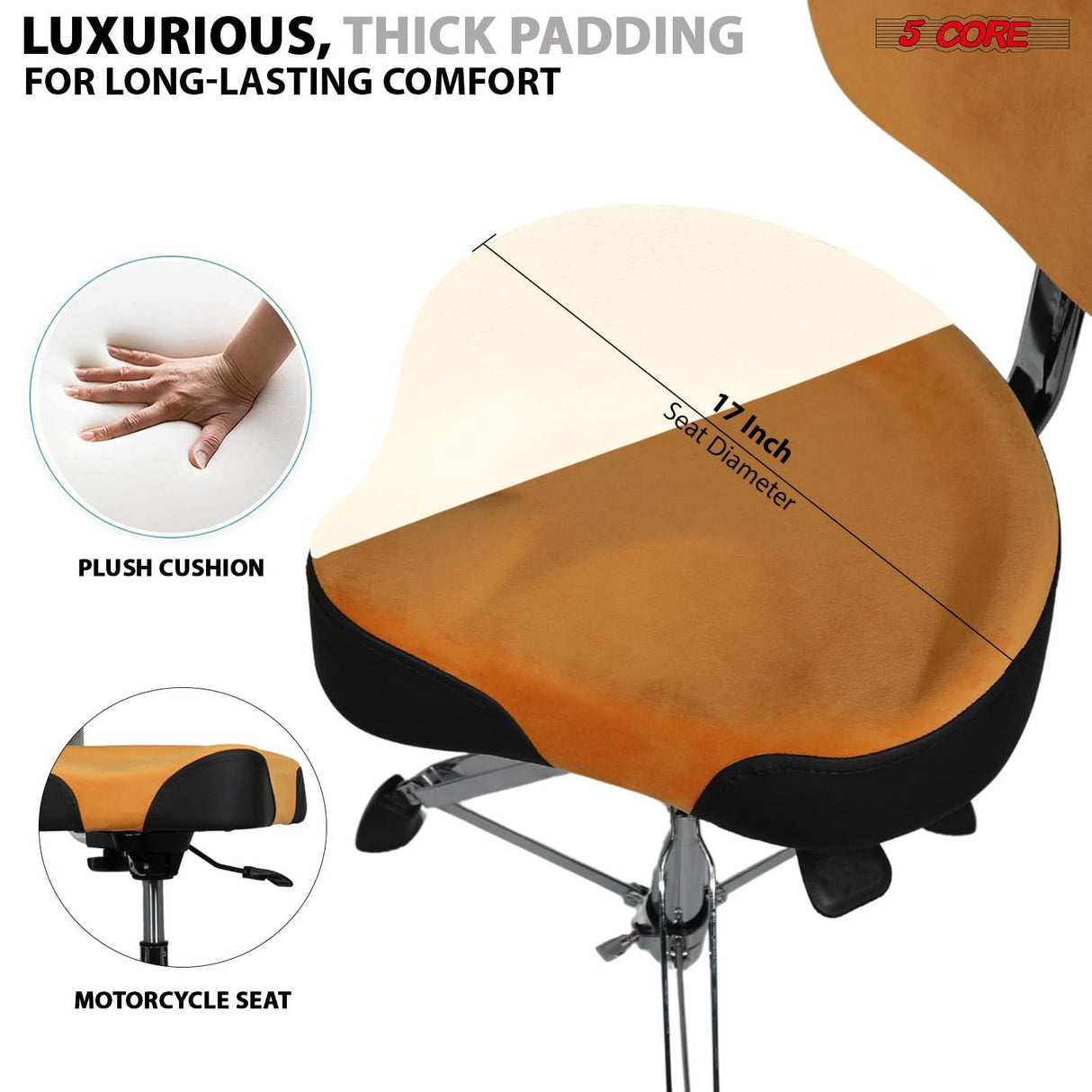 5 Core Drum Throne w Backrest 4" Padded Stool Airlift 25" Adjustable Drummer Stool 441Lb Capacity