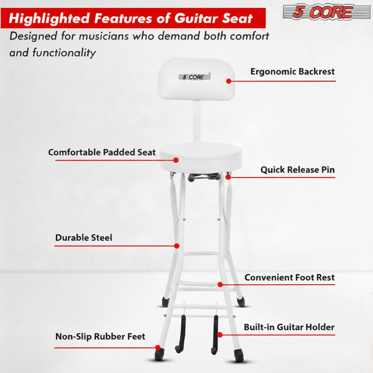 5 Core Guitar Stool w Backrest 3.15" Padded Chair Foldable Music Seat Built in Foot Rest Guitar Stand