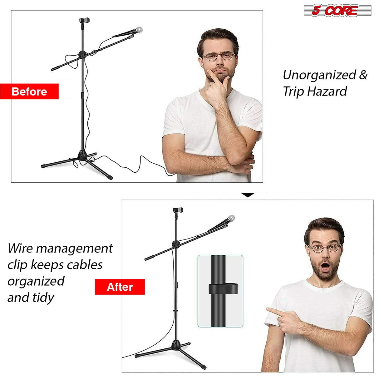5 Core Microphone Stand Floor 2 Mic Clips Universal Height Adjustable Tripod Mic Stands w Boom Arm