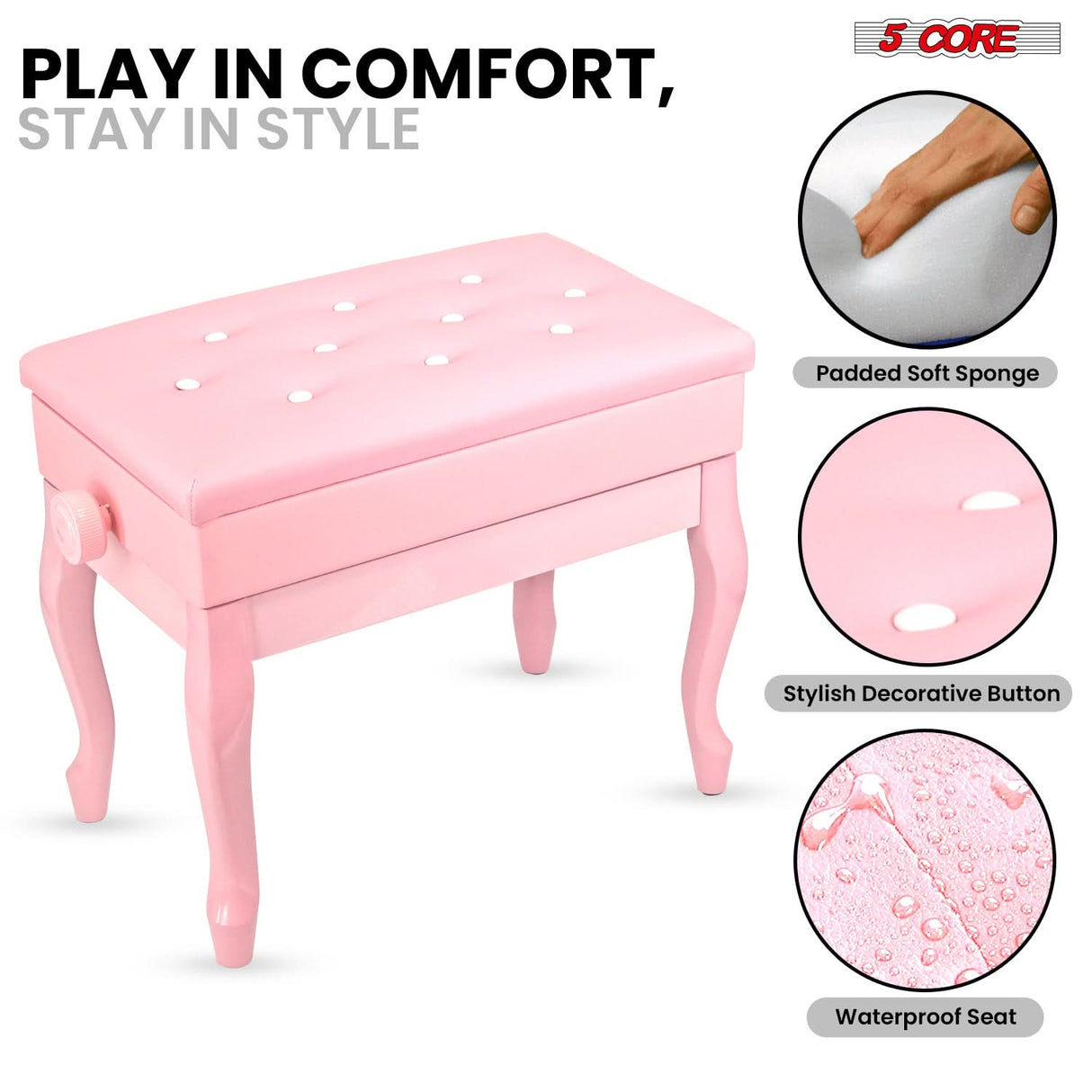 5 Core Piano Bench 3" Padded Cushioned Stool Wooden Heavy Duty Adjustable Musician Chair w Storage