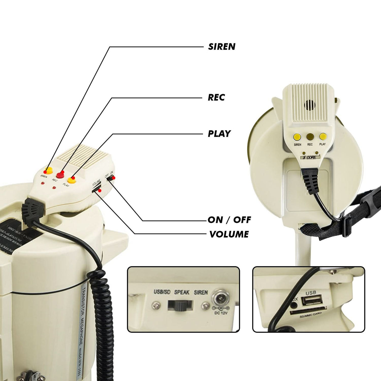 5 Core Megaphone 100W Bull Horn Professional PA Speaker w 2000 Yards Range Loud Siren Voice Amp