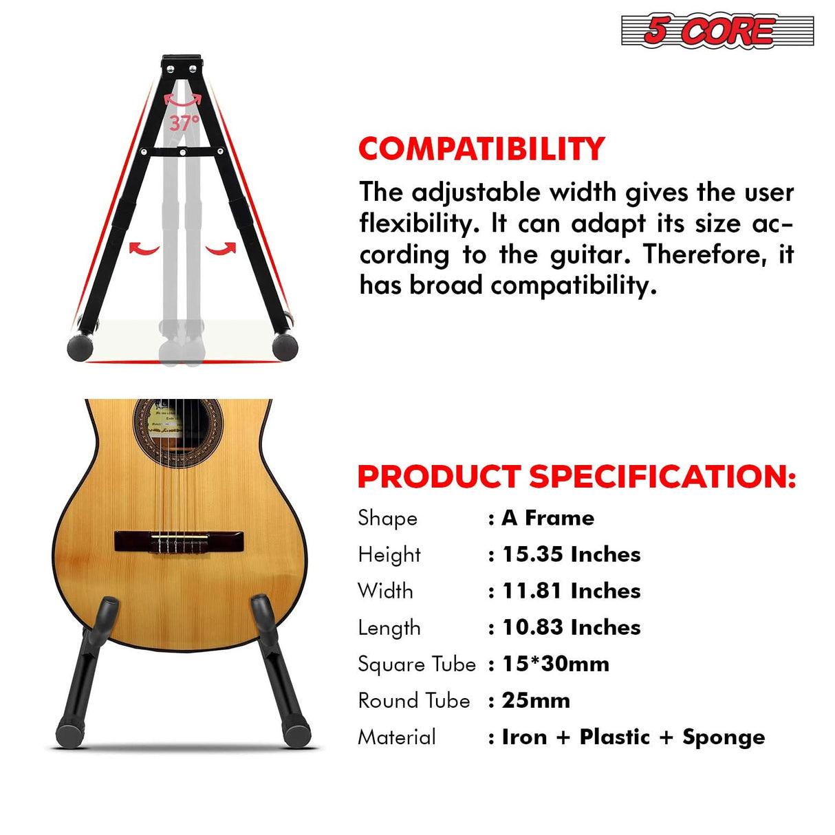 5 Core Guitar Stand 2PC A Frame w Soft Foam Arm Non Slip Rubber for Acoustic Electric Bass