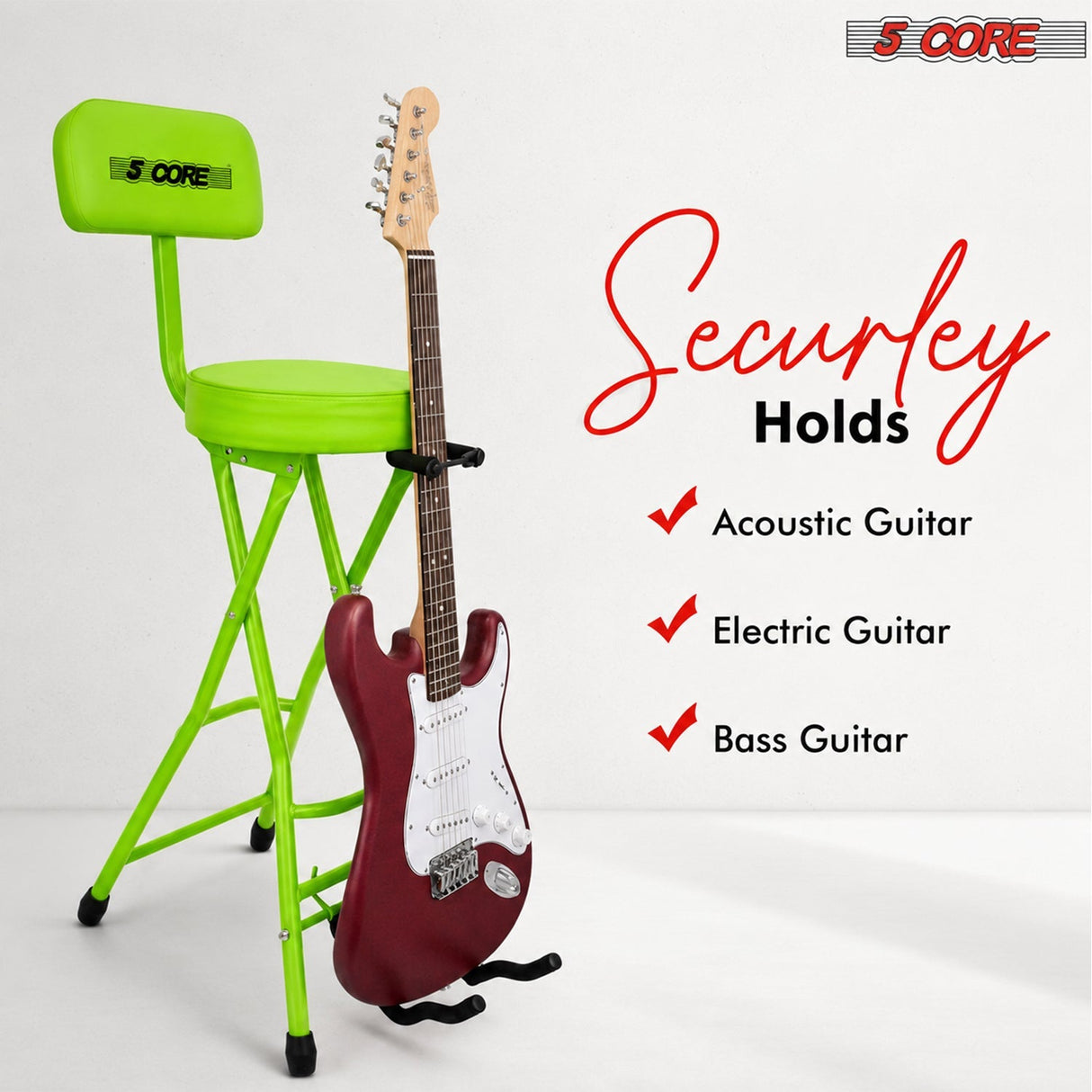 5Core Guitar Stool 3.15" Padded Chair w Backrest Foldable Music Seat Built in Foot Rest Guitar Stand