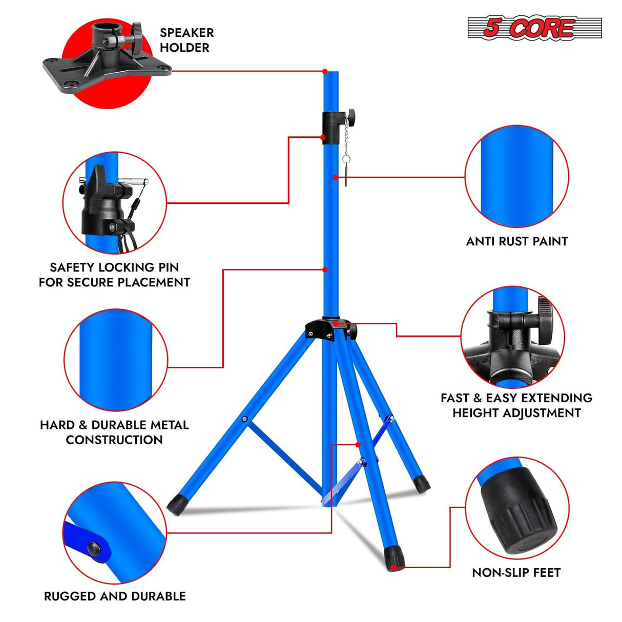 5 Core Speaker Stand Pair Adjustable PA DJ Tripod Stands Heavy Duty w 35mm Insert 132 Lbs Capacity