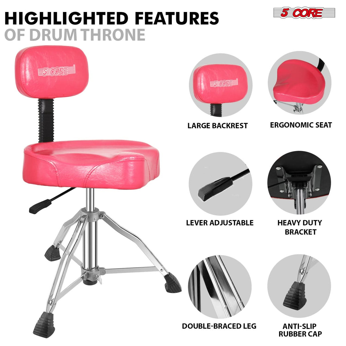 5 Core Drum Throne w Backrest 4" Padded Stool Adjustable 24.5" Drummer Chair w 441Lb Capacity