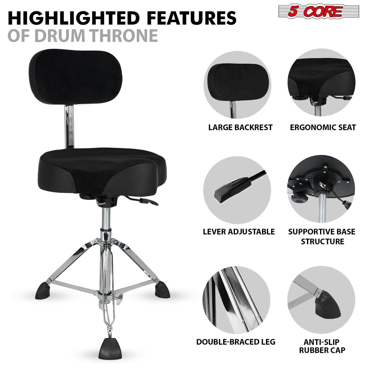 5 Core Drum Throne w Backrest 4" Padded Stool Airlift 25" Adjustable Drummer Stool 441Lb Capacity