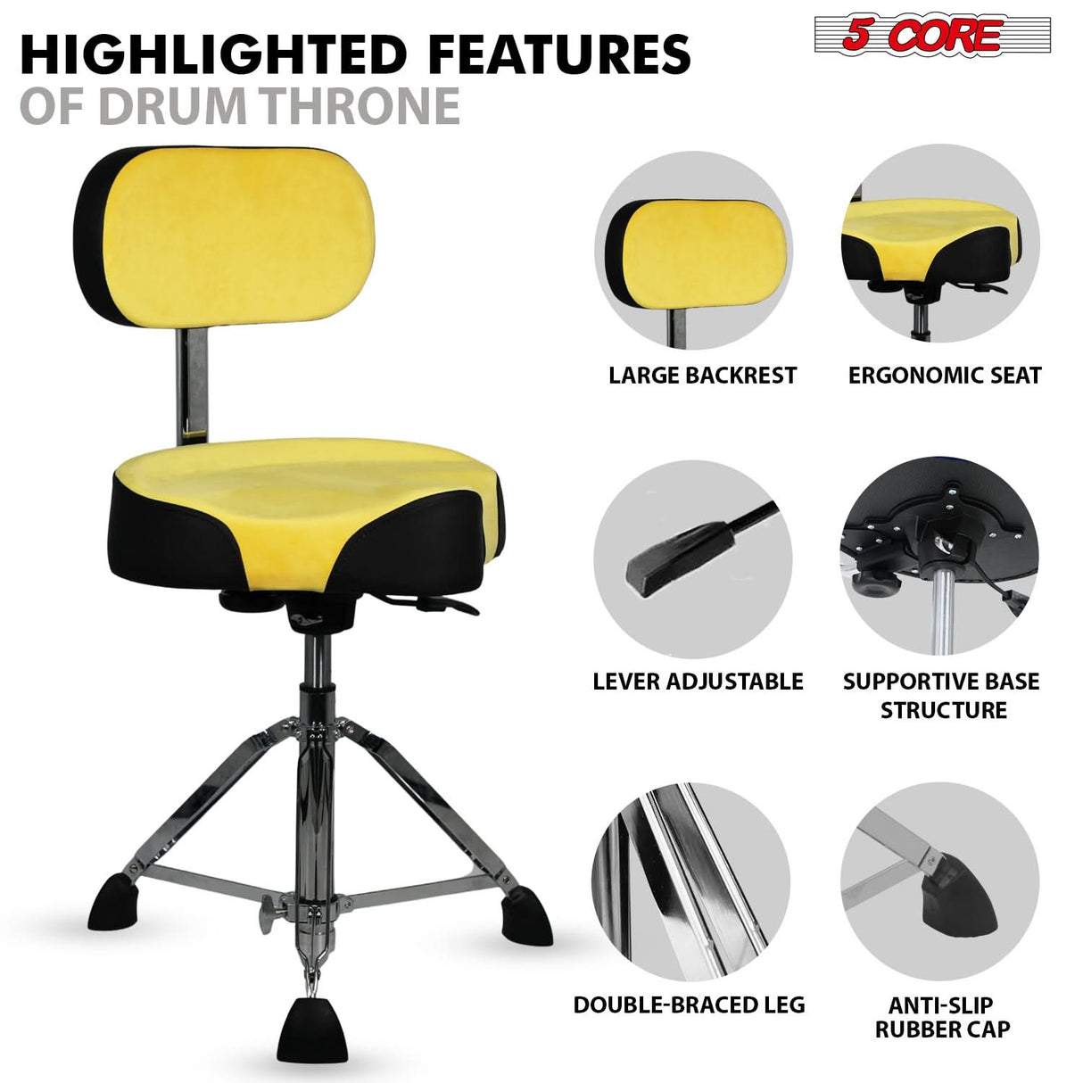 5 Core Drum Throne w Backrest 4" Padded Stool Airlift 25" Adjustable Drummer Stool 441Lb Capacity