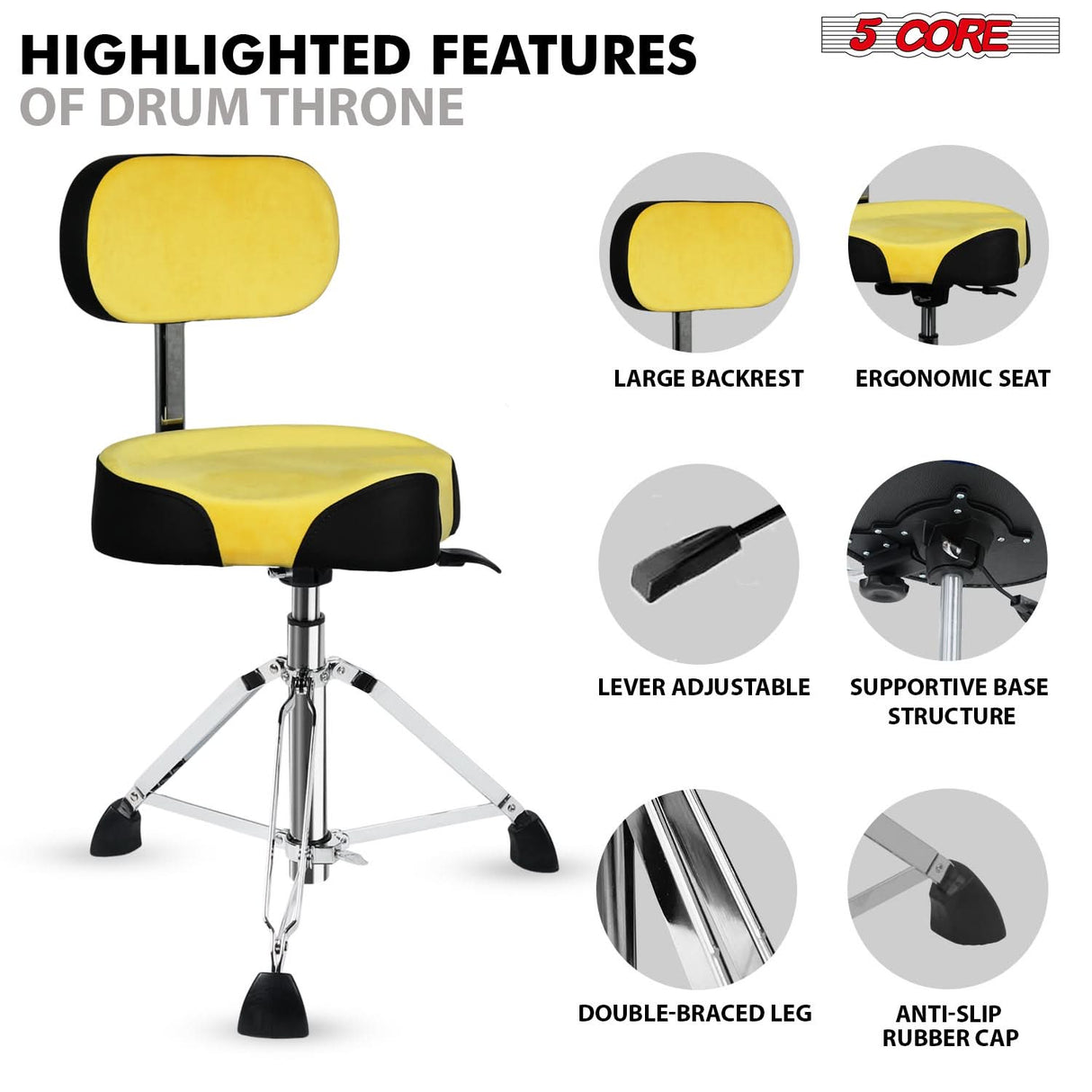 5 Core Drum Throne 4" Padded Seat w Backrest Airlift Adjustable Chair Ergonomic Drummer Stool